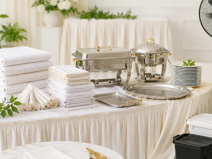 Sewa linen dan tableware untuk dekorasi meja catering event.